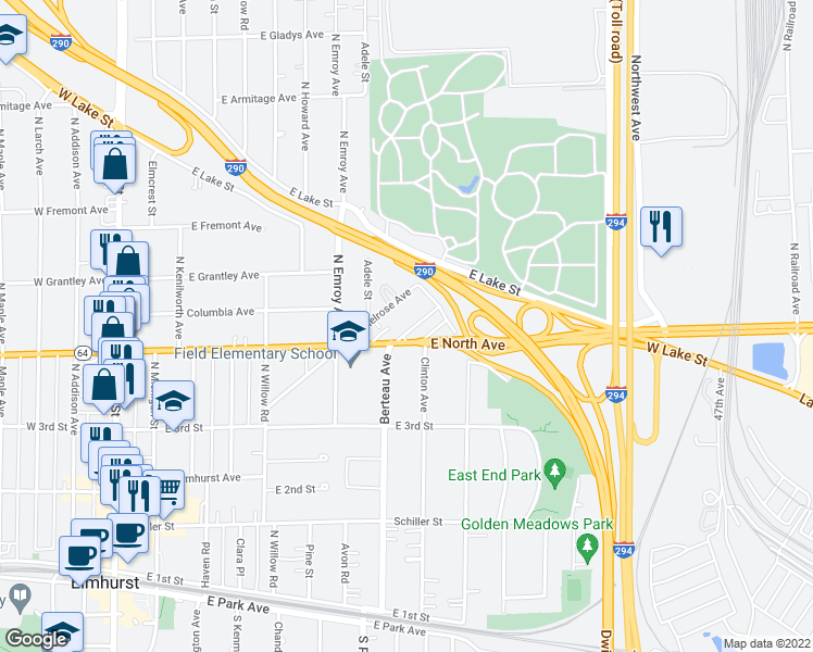 map of restaurants, bars, coffee shops, grocery stores, and more near 418 Berteau Avenue in Elmhurst