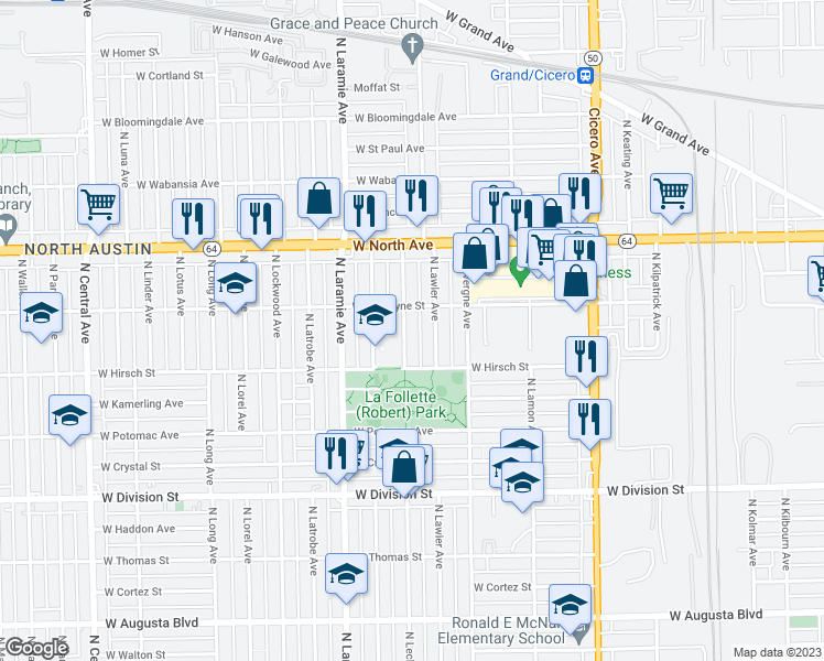 map of restaurants, bars, coffee shops, grocery stores, and more near 1437 North Leclaire Avenue in Chicago