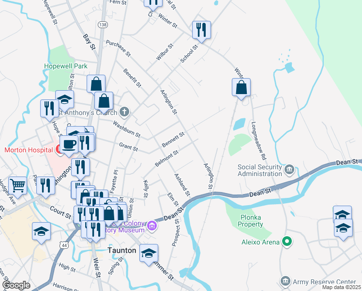 map of restaurants, bars, coffee shops, grocery stores, and more near 110 Belmont Street in Taunton