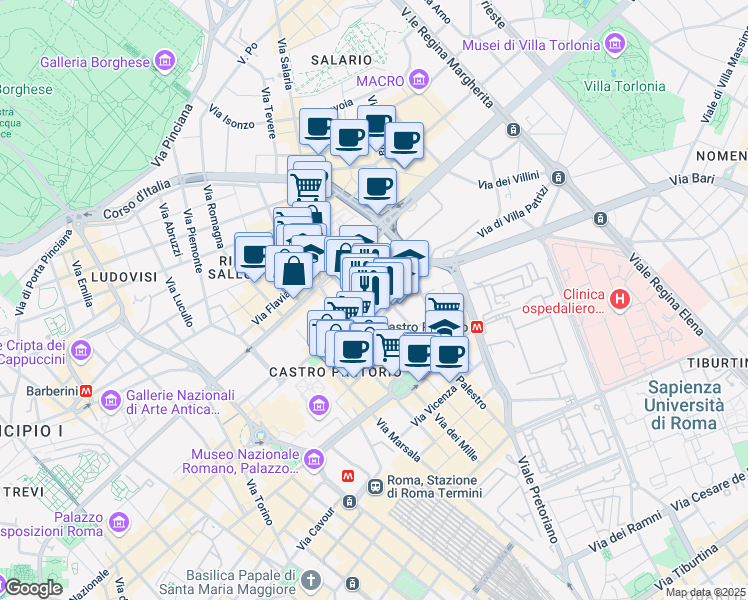 map of restaurants, bars, coffee shops, grocery stores, and more near 49 Via Cernaia in Roma