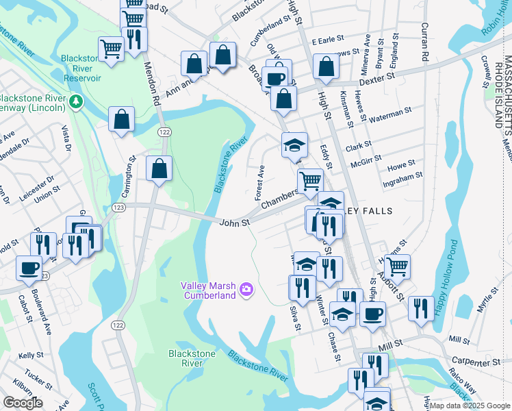 map of restaurants, bars, coffee shops, grocery stores, and more near 76 Forest Avenue in Cumberland