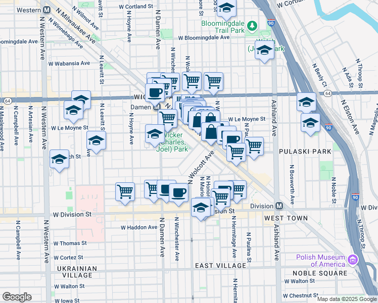 map of restaurants, bars, coffee shops, grocery stores, and more near 1901 West Schiller Street in Chicago
