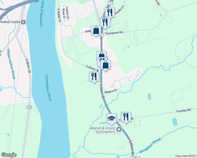 map of restaurants, bars, coffee shops, grocery stores, and more near 40 South Main Street in East Windsor