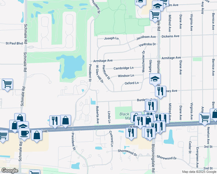 map of restaurants, bars, coffee shops, grocery stores, and more near 1317 West Glen Hill Drive in Glendale Heights