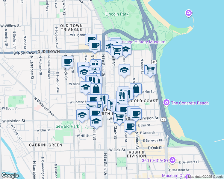 map of restaurants, bars, coffee shops, grocery stores, and more near 1355 North Sandburg Terrace in Chicago
