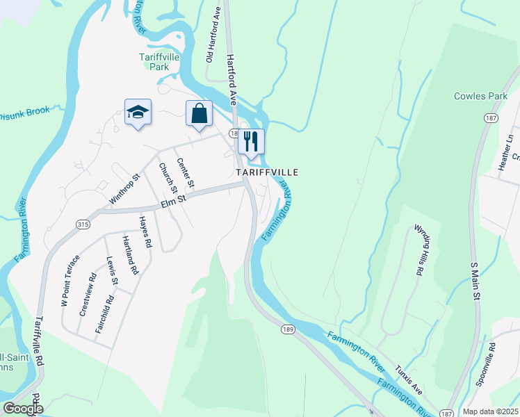 map of restaurants, bars, coffee shops, grocery stores, and more near 11 Tunxis Place in Simsbury