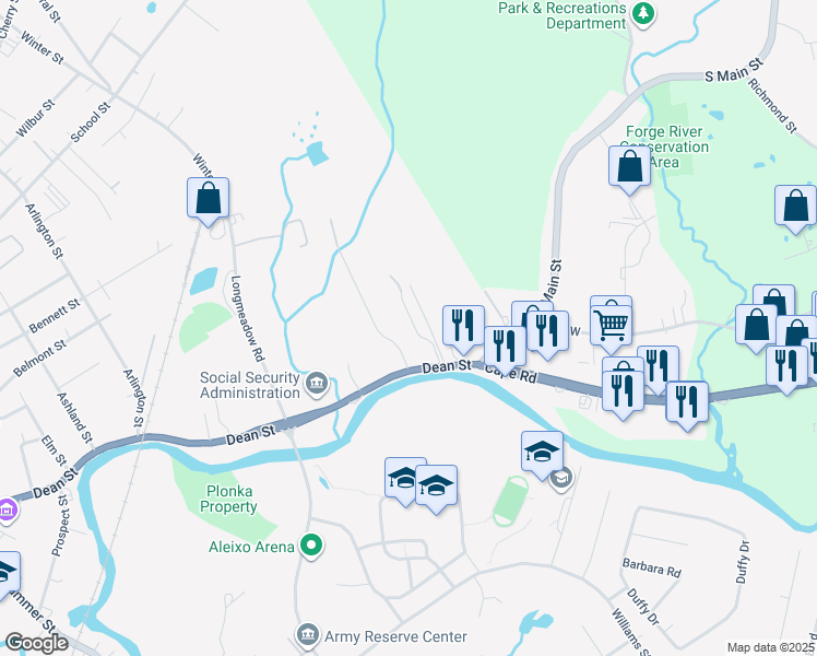 map of restaurants, bars, coffee shops, grocery stores, and more near 42 River Road in Taunton