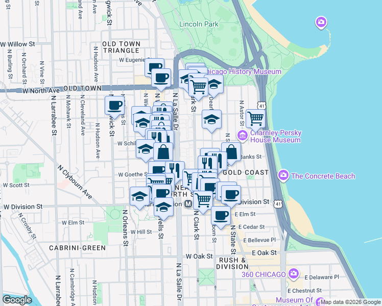 map of restaurants, bars, coffee shops, grocery stores, and more near 1355 North Sandburg Terrace in Chicago