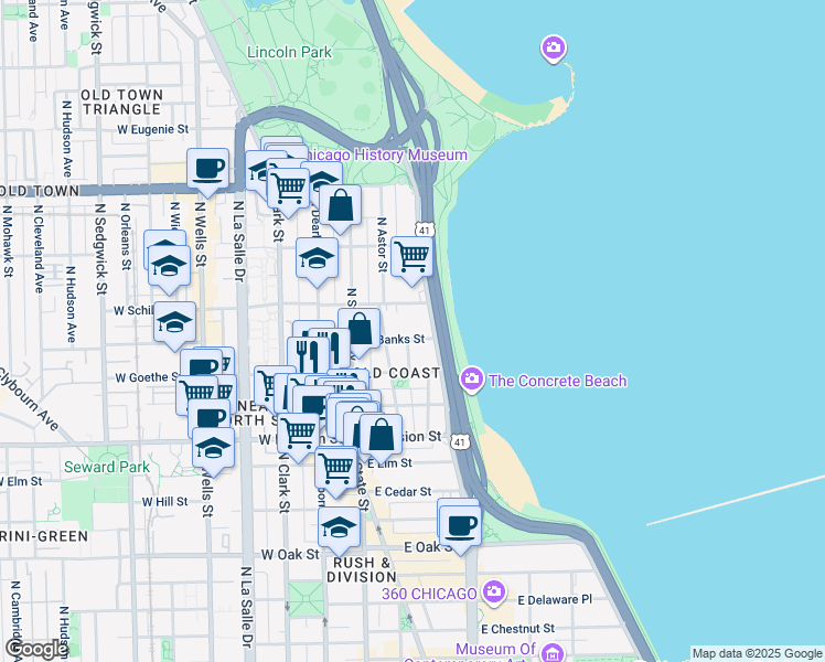 map of restaurants, bars, coffee shops, grocery stores, and more near 1350 North Lake Shore Drive in Chicago