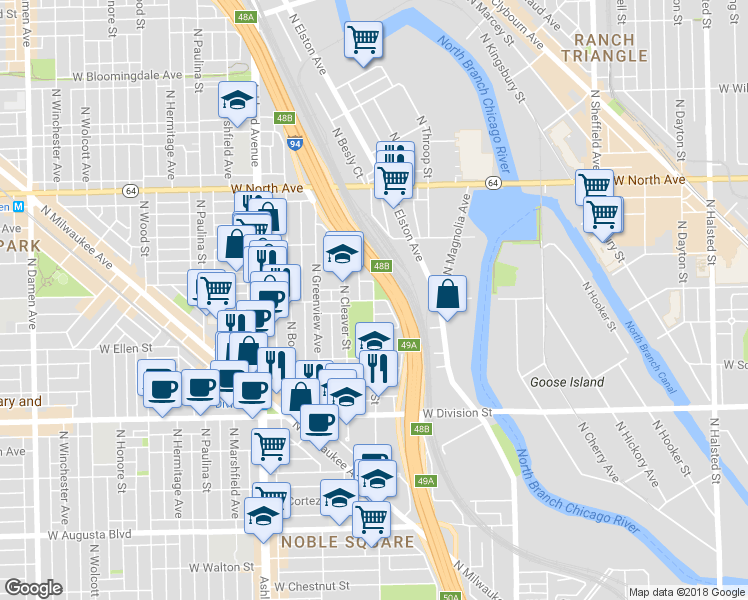 map of restaurants, bars, coffee shops, grocery stores, and more near N Noble St & W Blackhawk St in Chicago