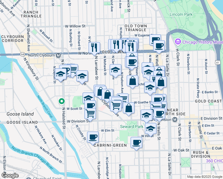 map of restaurants, bars, coffee shops, grocery stores, and more near 1349 North Cleveland Avenue in Chicago