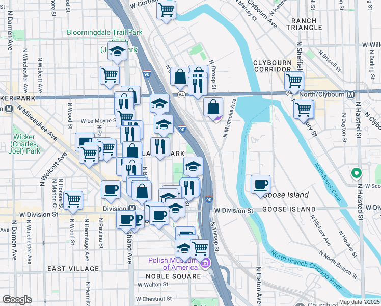 map of restaurants, bars, coffee shops, grocery stores, and more near 1355 West Blackhawk Street in Chicago