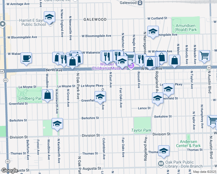 map of restaurants, bars, coffee shops, grocery stores, and more near 1141 North East Avenue in Oak Park