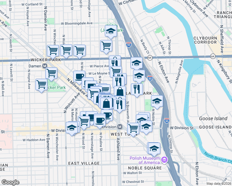 map of restaurants, bars, coffee shops, grocery stores, and more near in Chicago