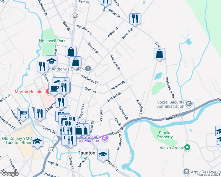 map of restaurants, bars, coffee shops, grocery stores, and more near 57 Ashland Street in Taunton