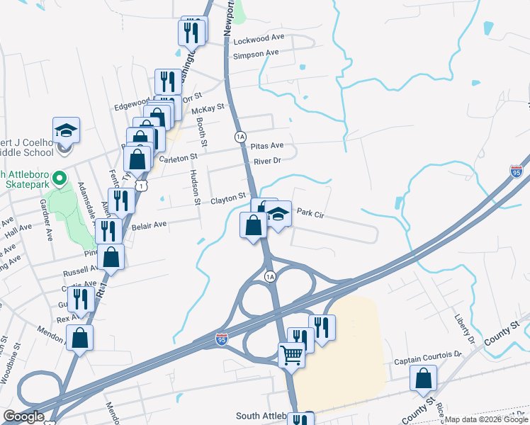 map of restaurants, bars, coffee shops, grocery stores, and more near 8 Park Circle in Attleboro