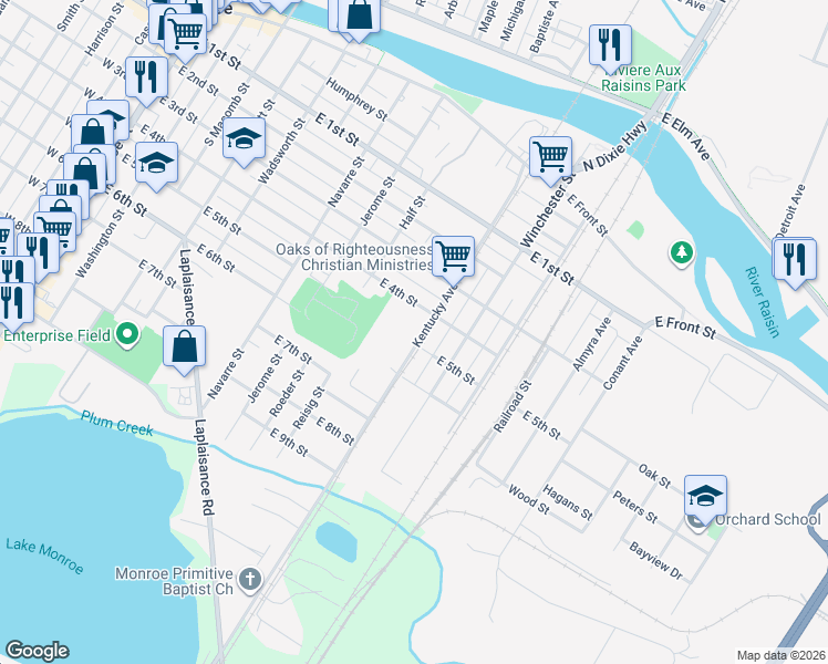 map of restaurants, bars, coffee shops, grocery stores, and more near 504 Kentucky Avenue in Monroe