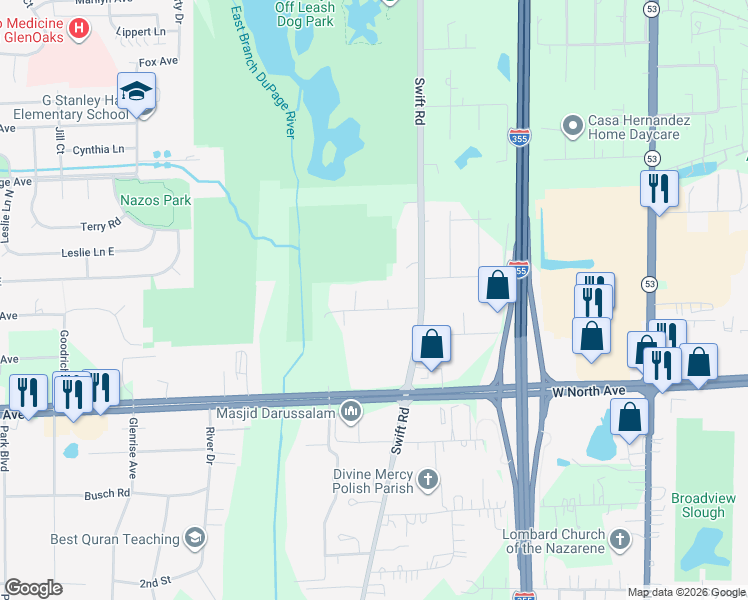 map of restaurants, bars, coffee shops, grocery stores, and more near 21W456 Burdett Avenue in Lombard