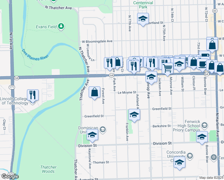map of restaurants, bars, coffee shops, grocery stores, and more near 1506 Park Avenue in River Forest