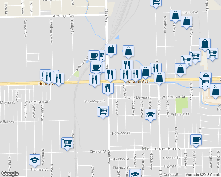map of restaurants, bars, coffee shops, grocery stores, and more near 1827 25th Avenue in Melrose Park