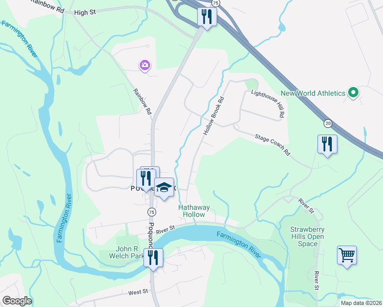 map of restaurants, bars, coffee shops, grocery stores, and more near 43 Hollow Brook Road in Windsor