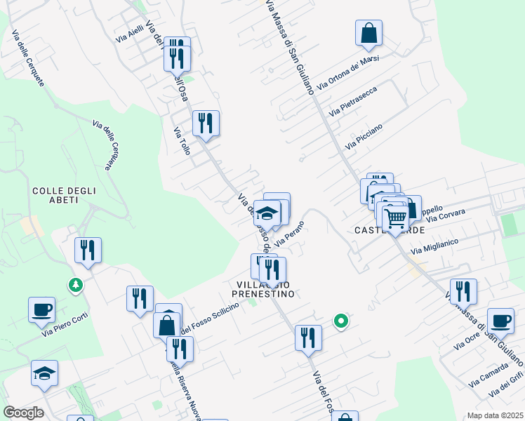 map of restaurants, bars, coffee shops, grocery stores, and more near Via Fosso dell'Osa in Rome
