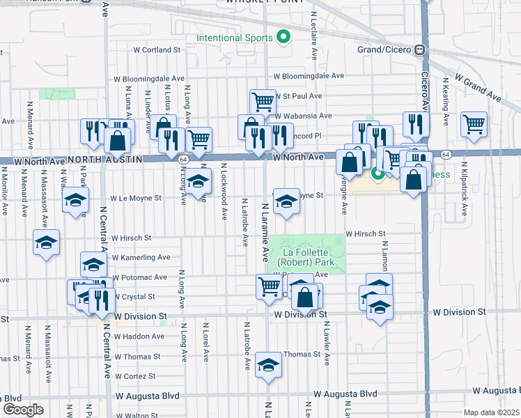 map of restaurants, bars, coffee shops, grocery stores, and more near 1440 North Laramie Avenue in Chicago