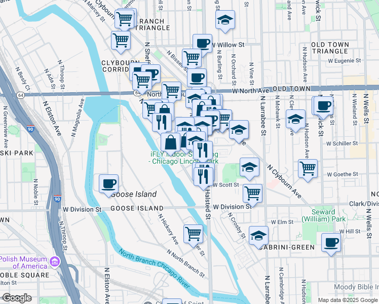 map of restaurants, bars, coffee shops, grocery stores, and more near 1400 North Dayton Street in Chicago