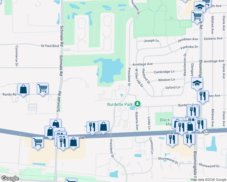 map of restaurants, bars, coffee shops, grocery stores, and more near 1400 N Oakmont Drive in Glendale Heights