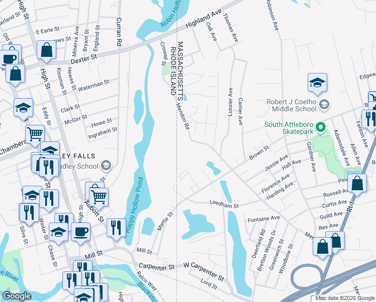 map of restaurants, bars, coffee shops, grocery stores, and more near 507 Mendon Road in Attleboro