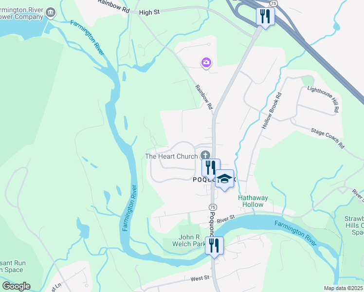 map of restaurants, bars, coffee shops, grocery stores, and more near 1847 Poquonock Avenue in Windsor