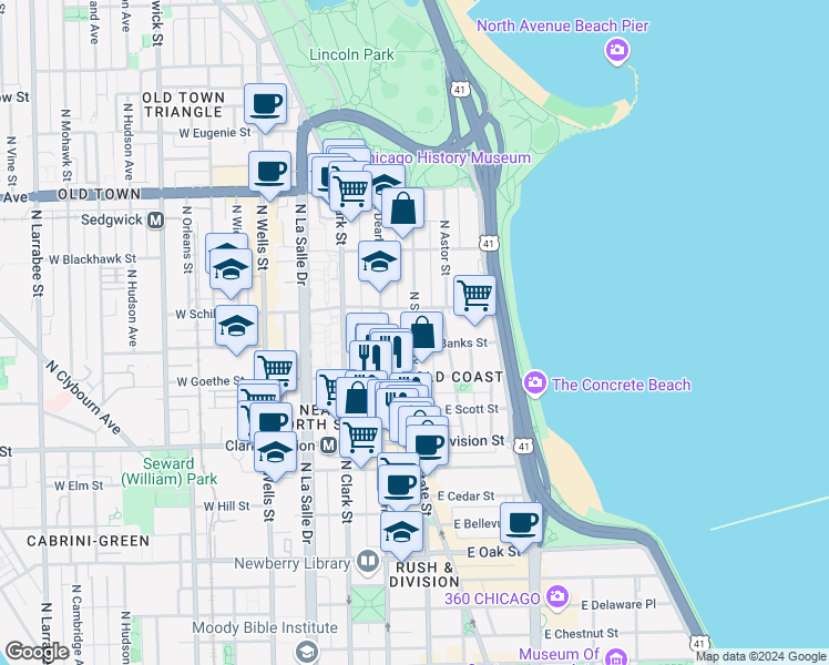 map of restaurants, bars, coffee shops, grocery stores, and more near in Chicago