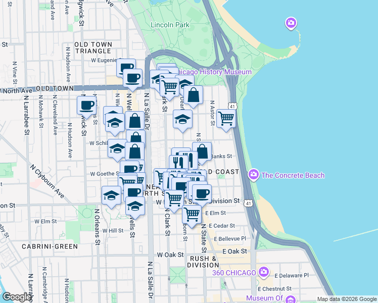 map of restaurants, bars, coffee shops, grocery stores, and more near 1337 North Dearborn Parkway in Chicago