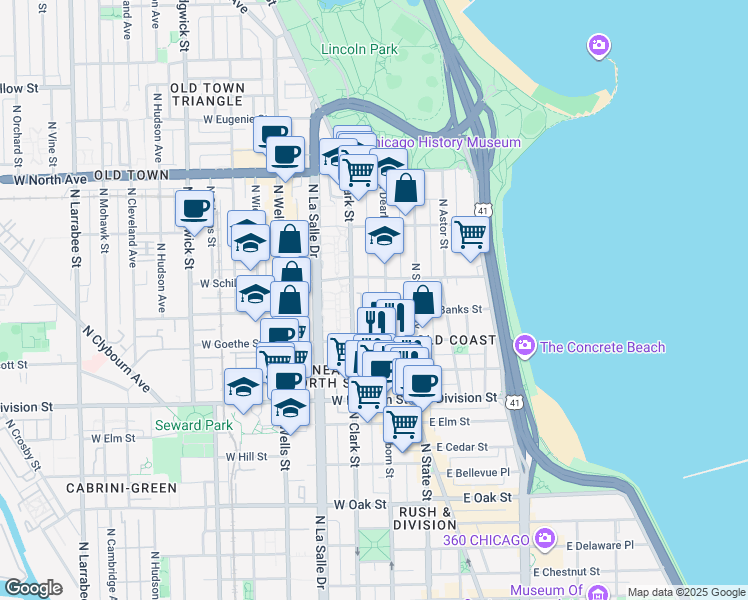 map of restaurants, bars, coffee shops, grocery stores, and more near 1337 North Dearborn Parkway in Chicago