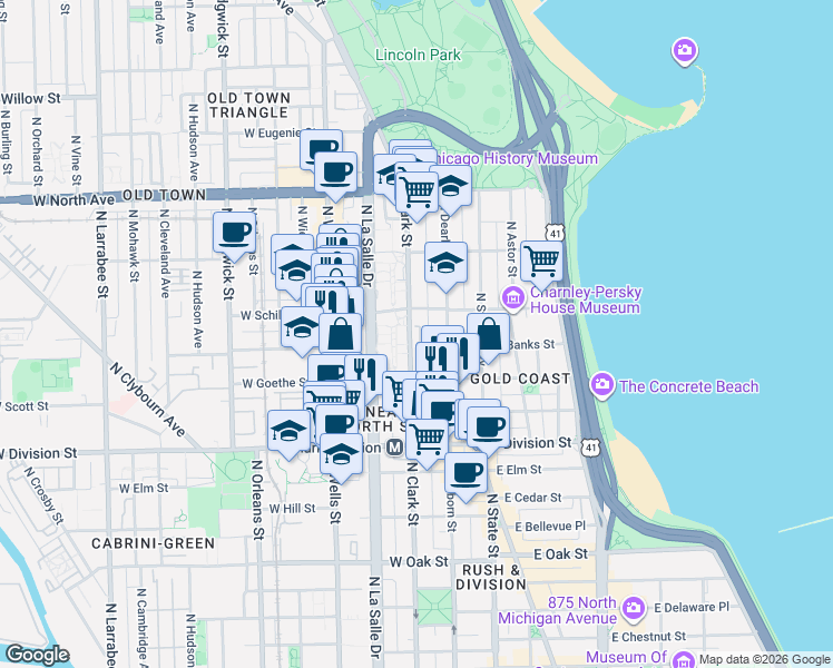 map of restaurants, bars, coffee shops, grocery stores, and more near 1336 North Clark Street in Chicago