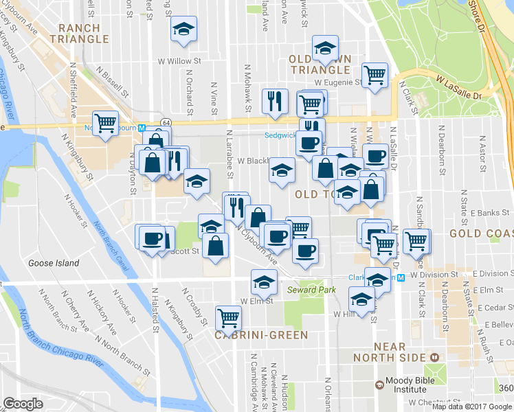map of restaurants, bars, coffee shops, grocery stores, and more near 1347 North Mohawk Street in Chicago