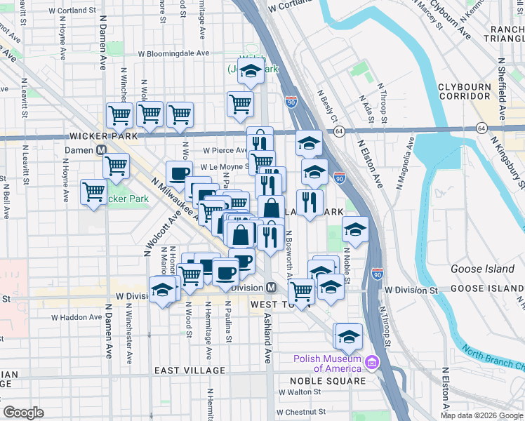 map of restaurants, bars, coffee shops, grocery stores, and more near 1400 North Ashland Avenue in Chicago