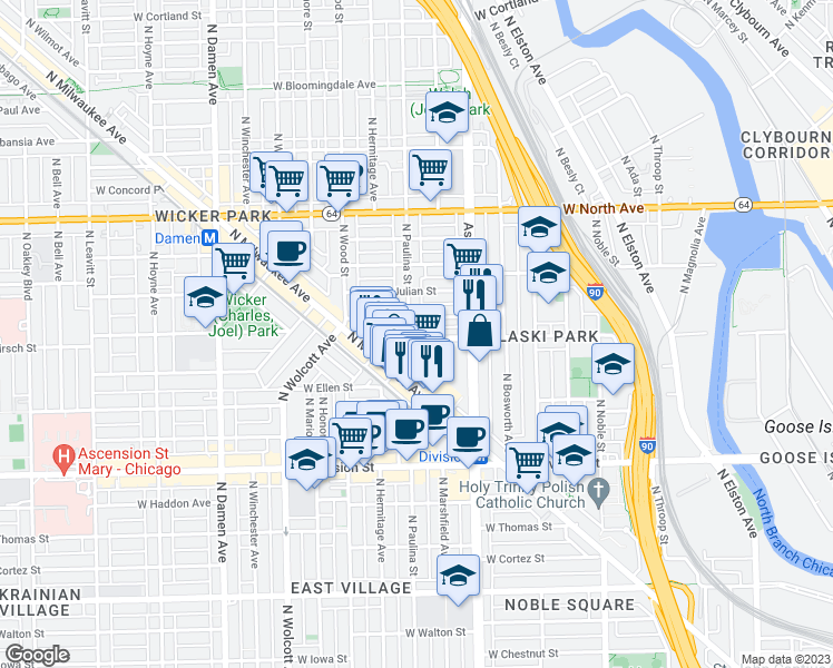 map of restaurants, bars, coffee shops, grocery stores, and more near 1634 West Blackhawk Street in Chicago
