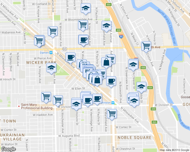 map of restaurants, bars, coffee shops, grocery stores, and more near 1353 North Dean Street in Chicago