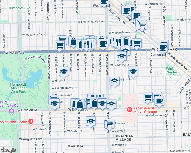 map of restaurants, bars, coffee shops, grocery stores, and more near 1408 North Artesian Avenue in Chicago