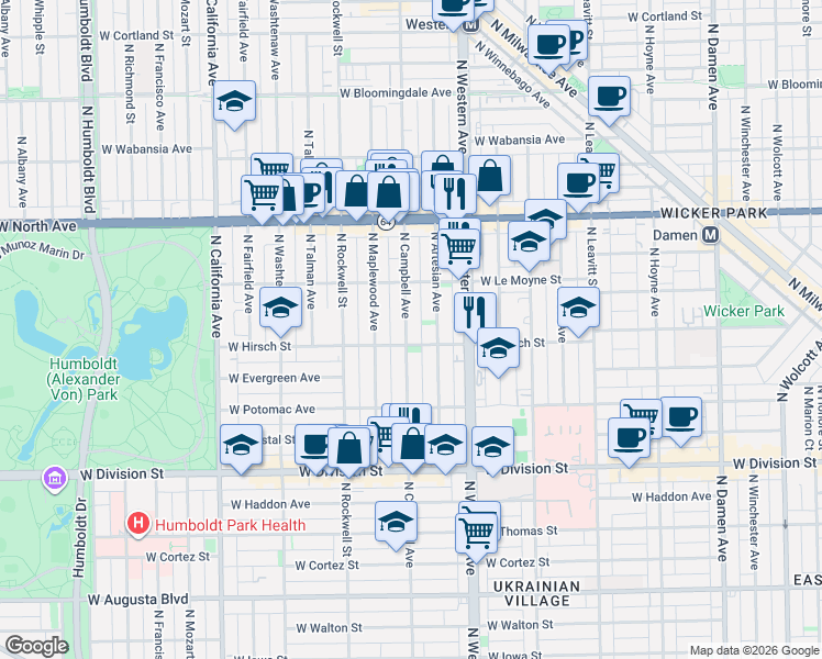 map of restaurants, bars, coffee shops, grocery stores, and more near 1408 North Campbell Avenue in Chicago
