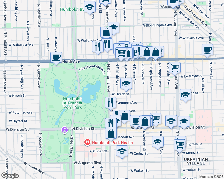 map of restaurants, bars, coffee shops, grocery stores, and more near 1410 North Fairfield Avenue in Chicago