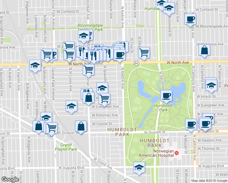 map of restaurants, bars, coffee shops, grocery stores, and more near 3227 West Beach Avenue in Chicago