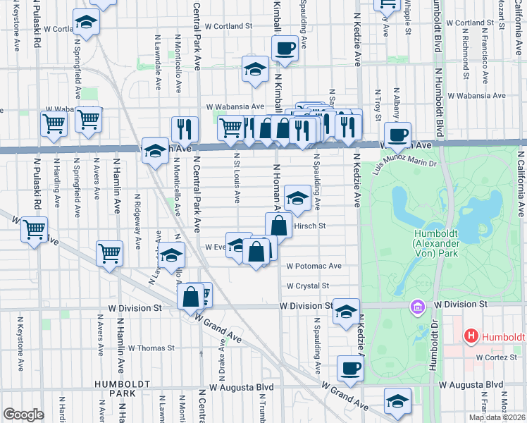 map of restaurants, bars, coffee shops, grocery stores, and more near 3415 West Beach Avenue in Chicago