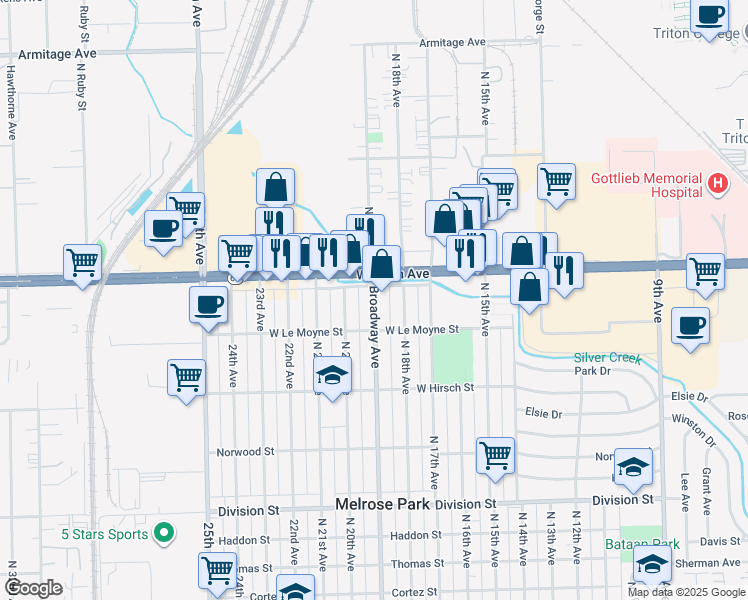map of restaurants, bars, coffee shops, grocery stores, and more near 1829 North 19th Avenue in Melrose Park