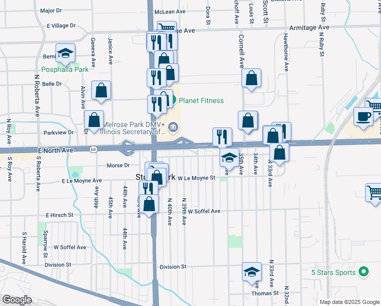 map of restaurants, bars, coffee shops, grocery stores, and more near 3806 West North Avenue in Stone Park