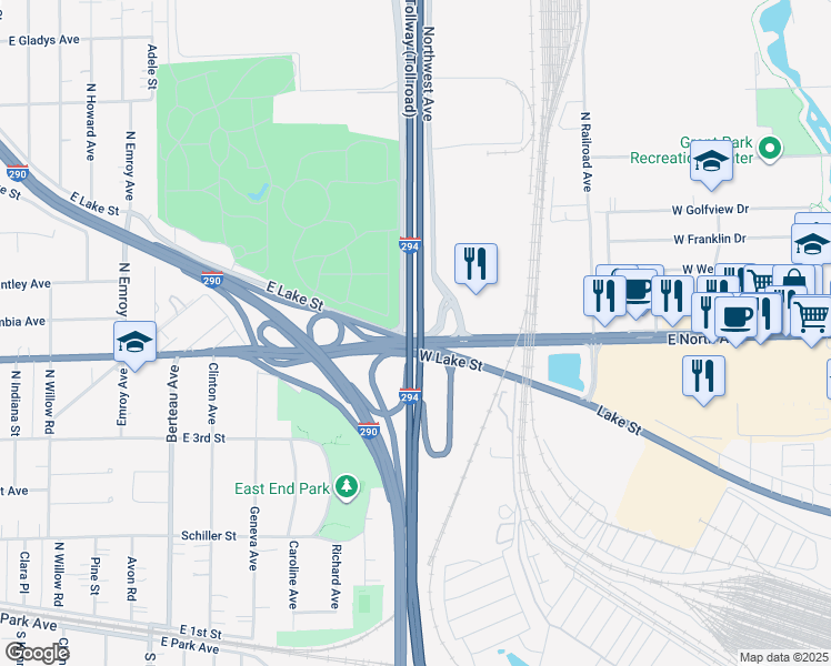 map of restaurants, bars, coffee shops, grocery stores, and more near 111 West North Avenue in Melrose Park