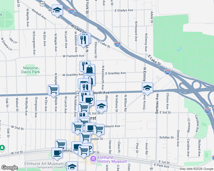 map of restaurants, bars, coffee shops, grocery stores, and more near 146 Columbia Avenue in Elmhurst