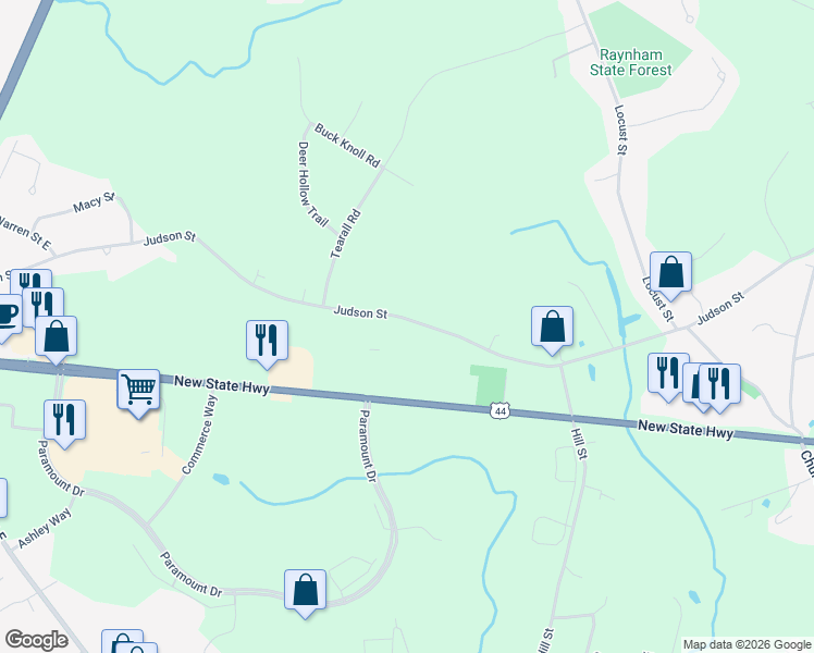 map of restaurants, bars, coffee shops, grocery stores, and more near 517 Judson Street in Raynham