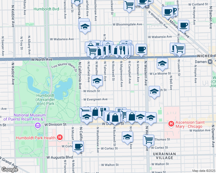 map of restaurants, bars, coffee shops, grocery stores, and more near 2620 West Hirsch Street in Chicago
